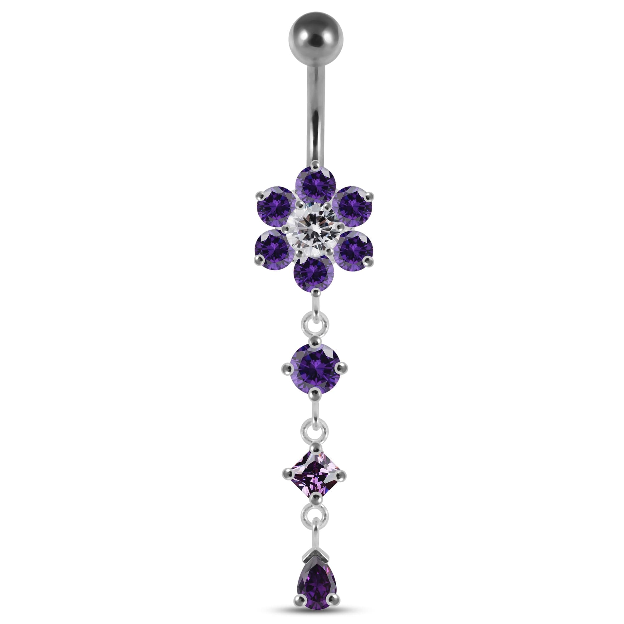 925 Sterling Silver Dangling Jewelled Flower Belly Bar