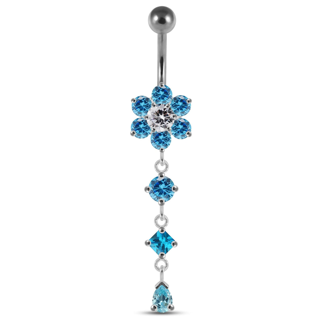 925 Sterling Silver Dangling Jewelled Flower Belly Bar