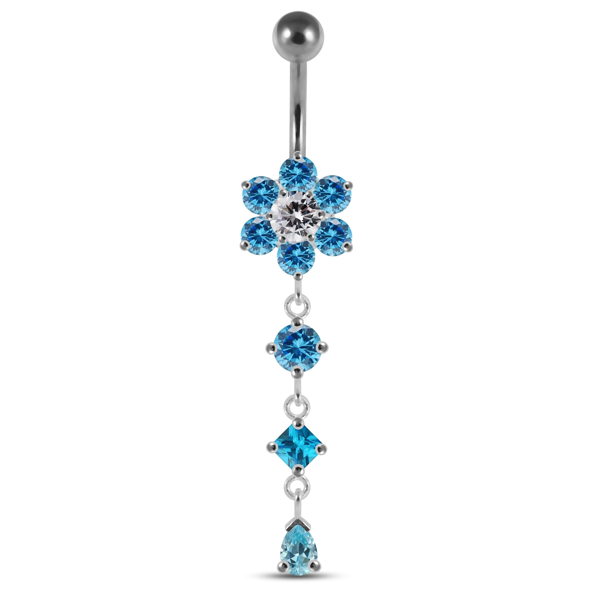 925 Sterling Silver Dangling Jewelled Flower Belly Bar