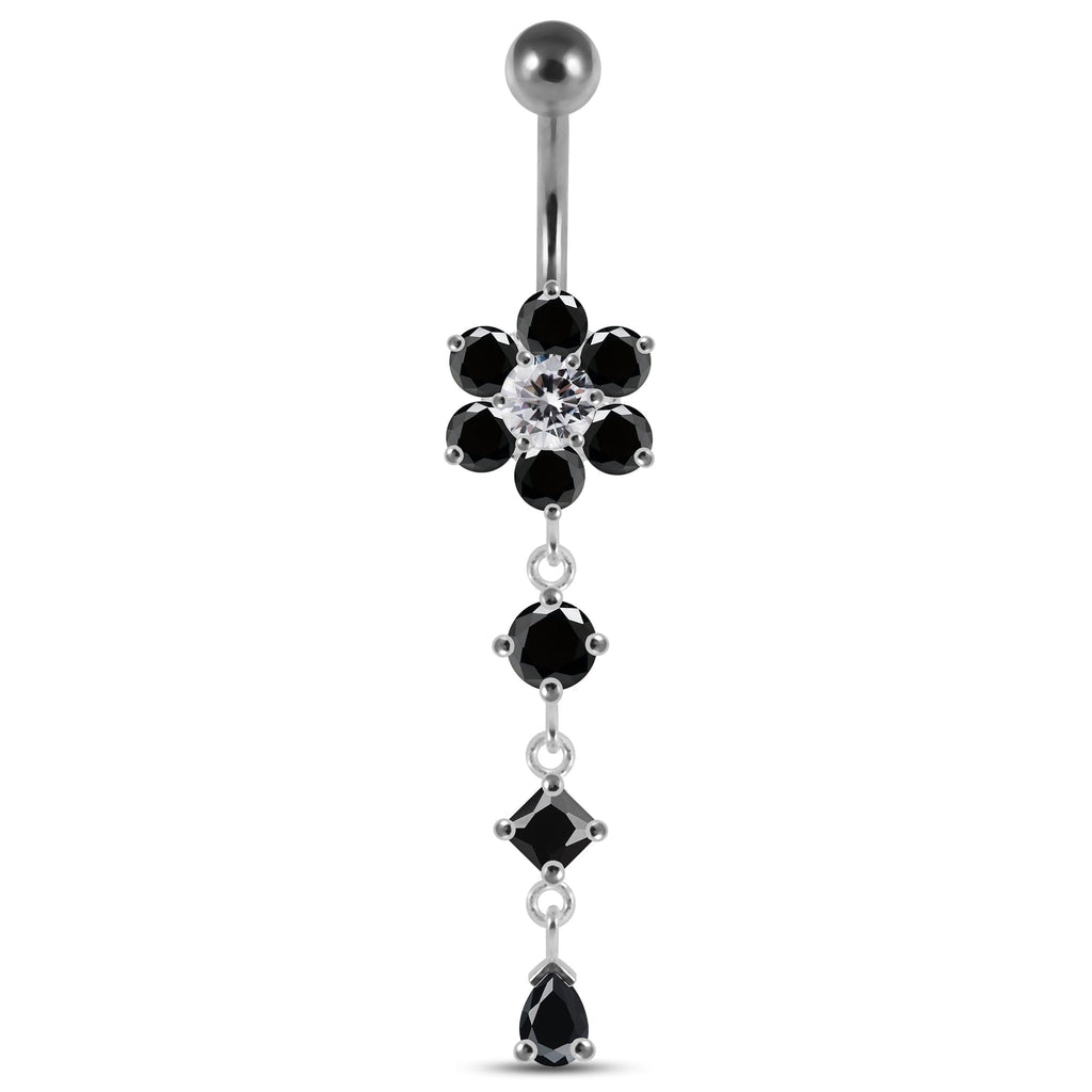 925 Sterling Silver Dangling Jewelled Flower Belly Bar