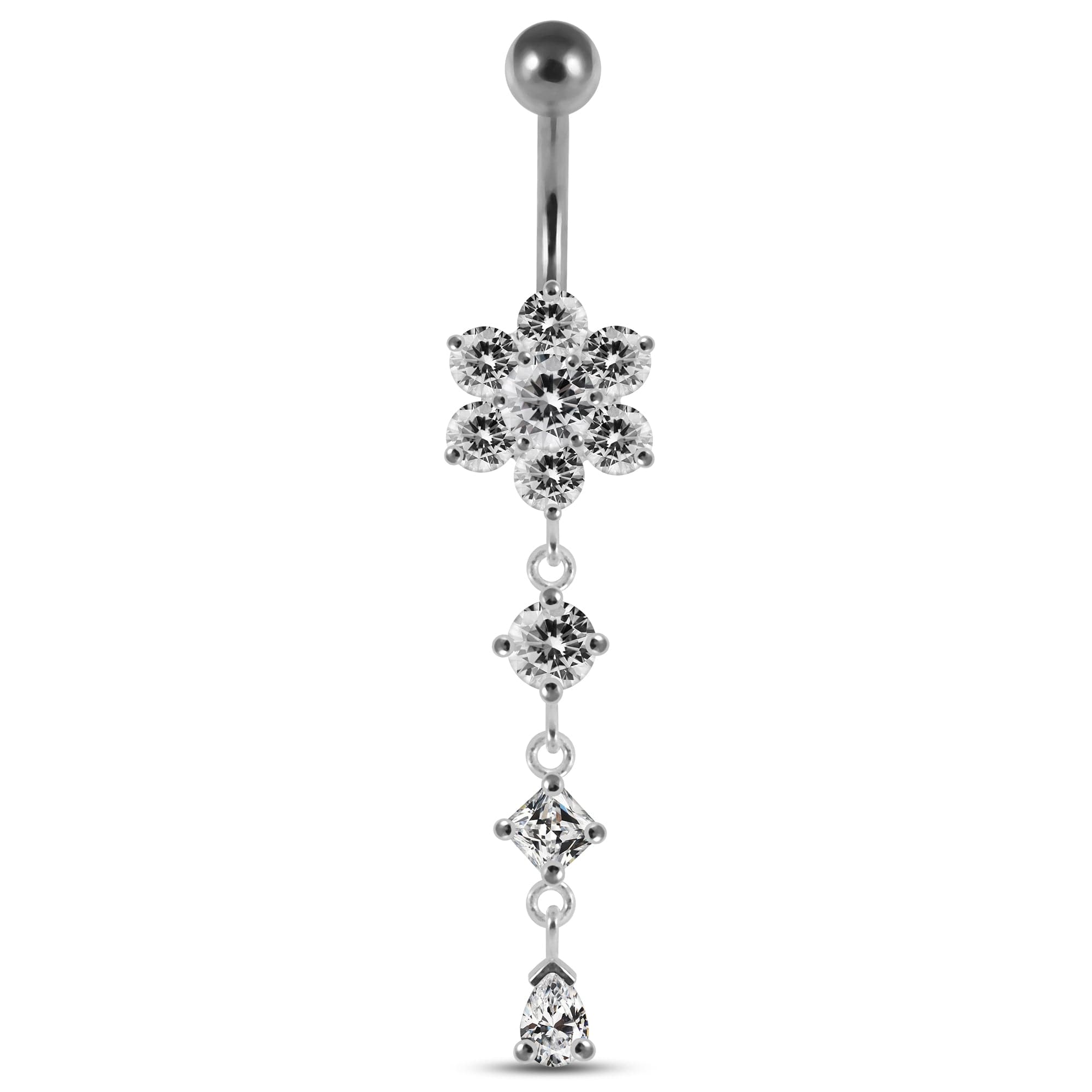 925 Sterling Silver Dangling Jewelled Flower Belly Bar