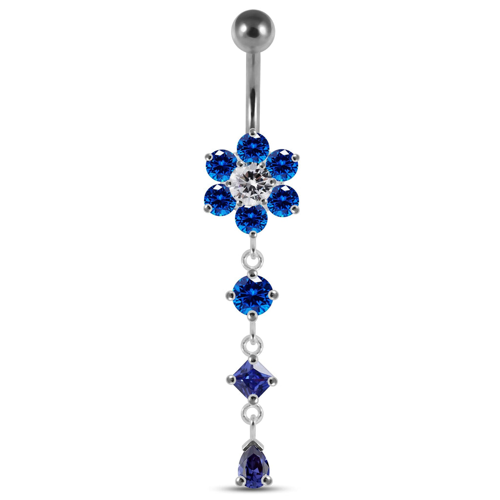 925 Sterling Silver Dangling Jewelled Flower Belly Bar