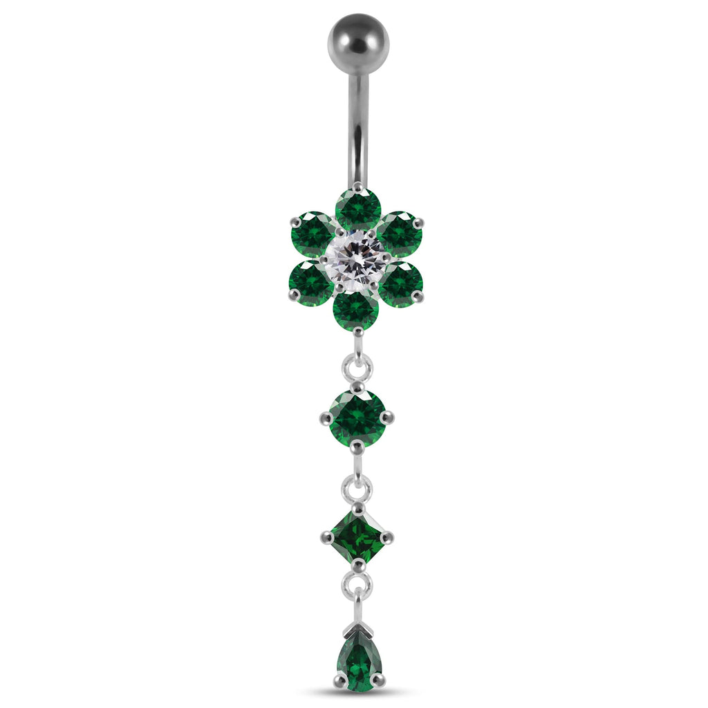 925 Sterling Silver Dangling Jewelled Flower Belly Bar