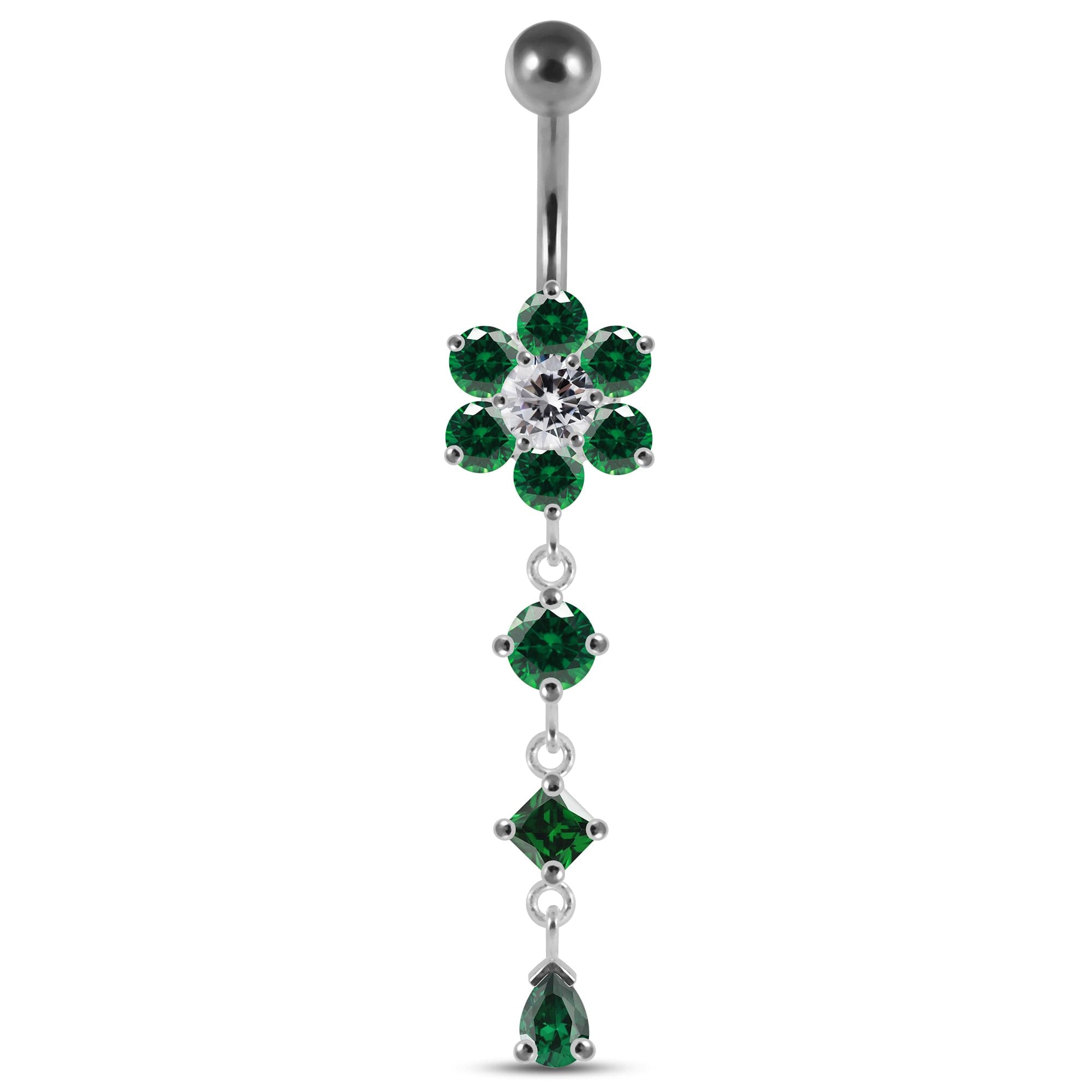 925 Sterling Silver Dangling Jewelled Flower Belly Bar