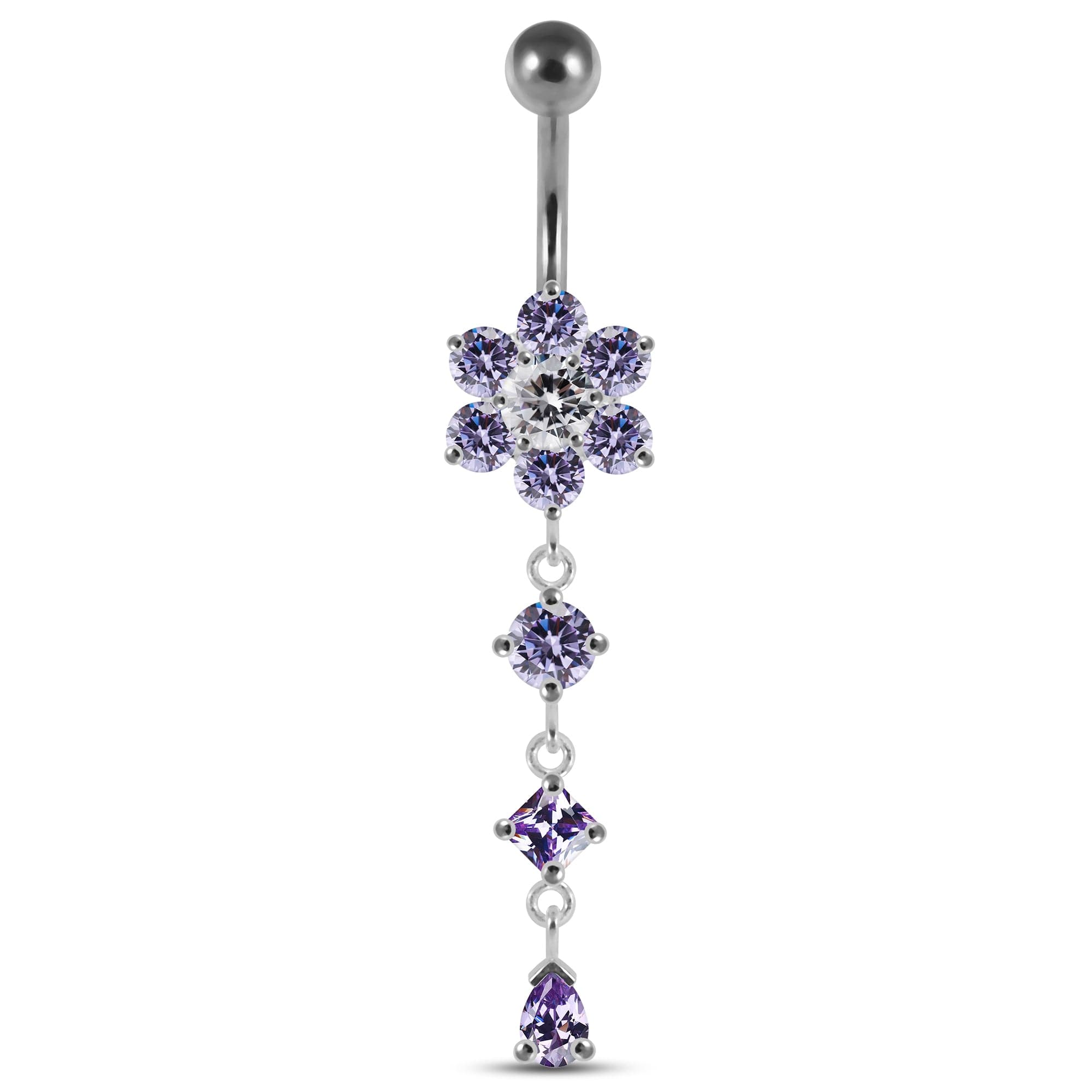 925 Sterling Silver Dangling Jewelled Flower Belly Bar