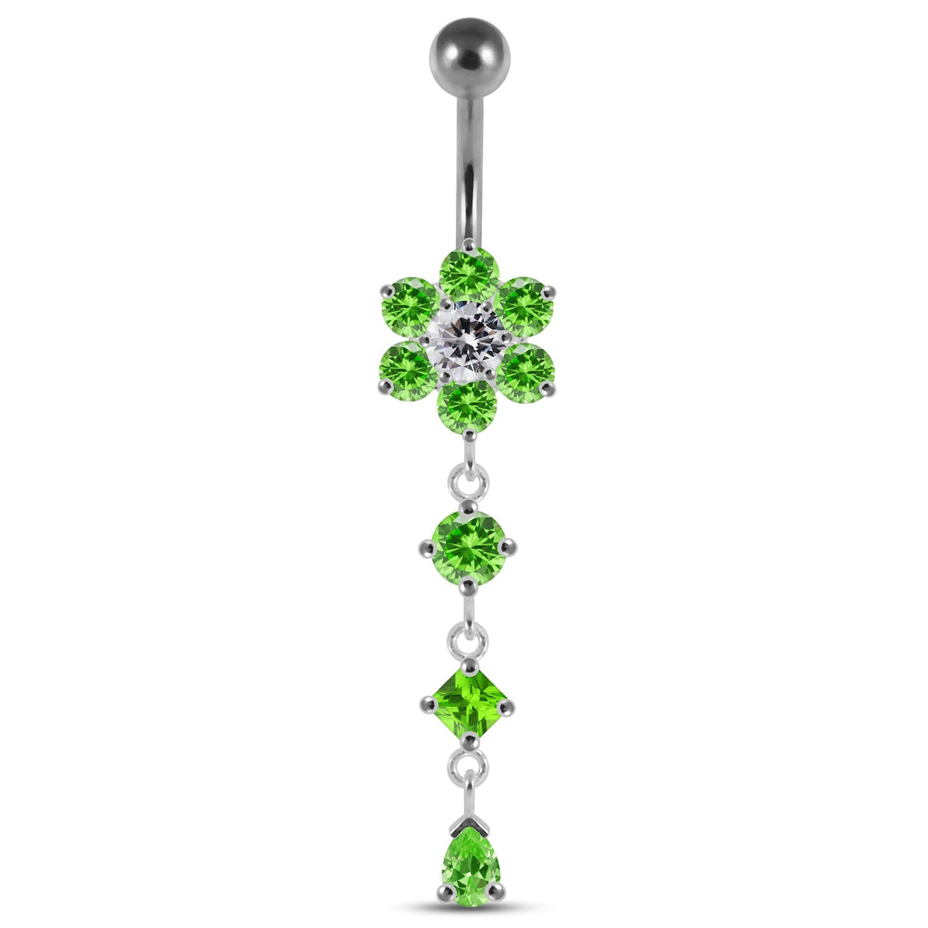 925 Sterling Silver Dangling Jewelled Flower Belly Bar