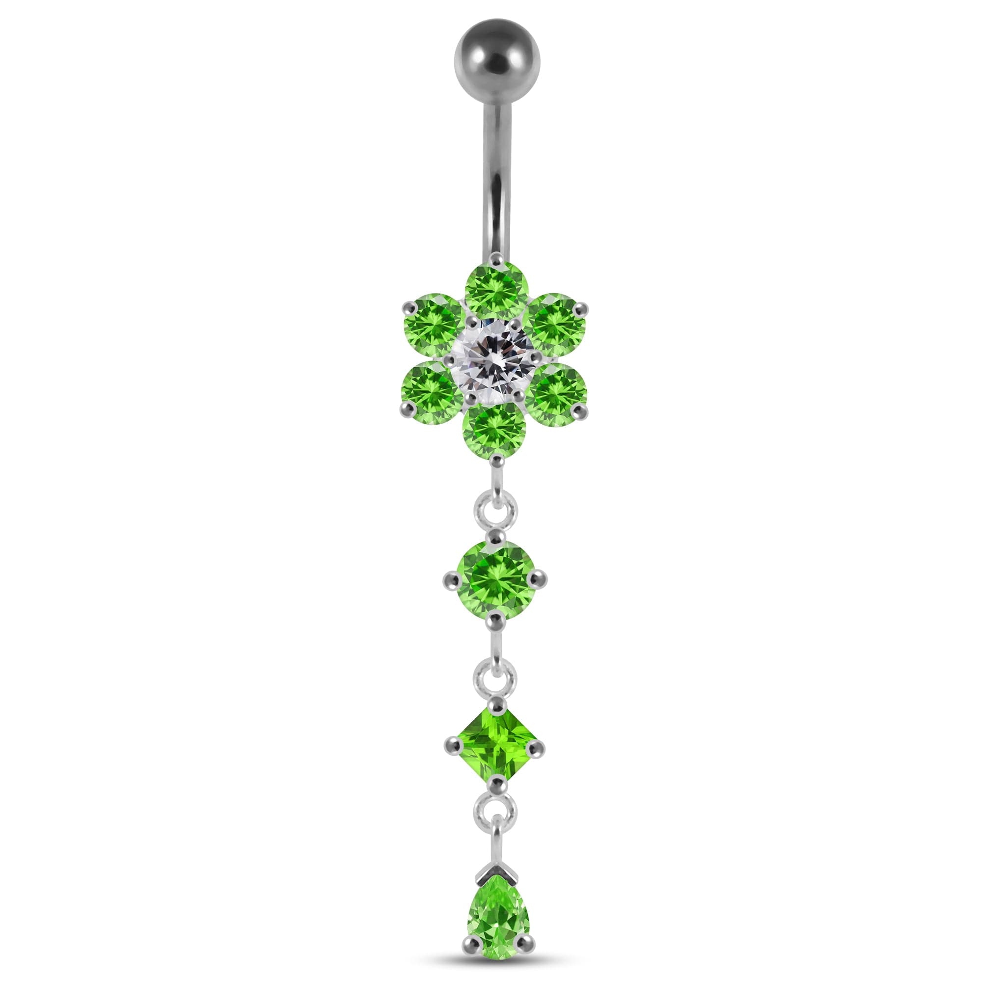 925 Sterling Silver Dangling Jewelled Flower Belly Bar