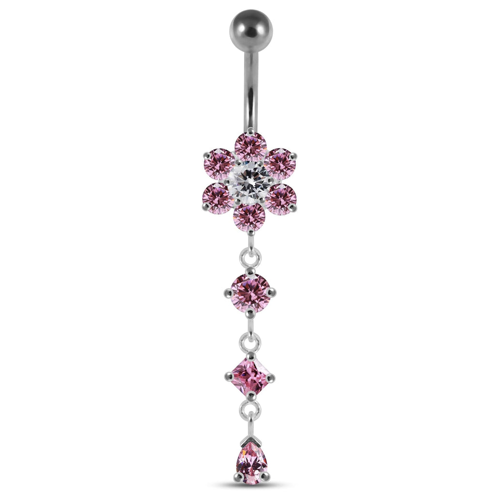 925 Sterling Silver Dangling Jewelled Flower Belly Bar