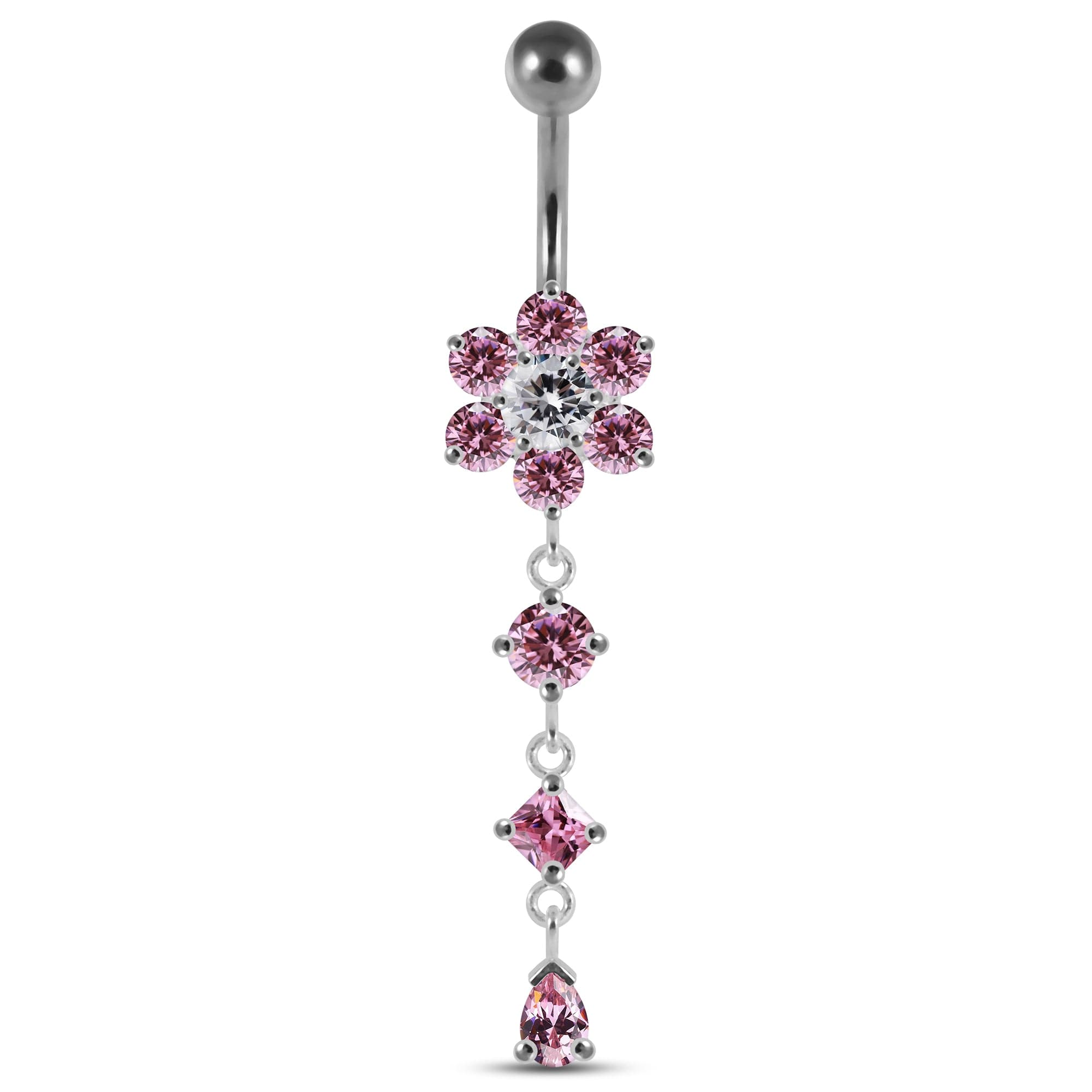 925 Sterling Silver Dangling Jewelled Flower Belly Bar