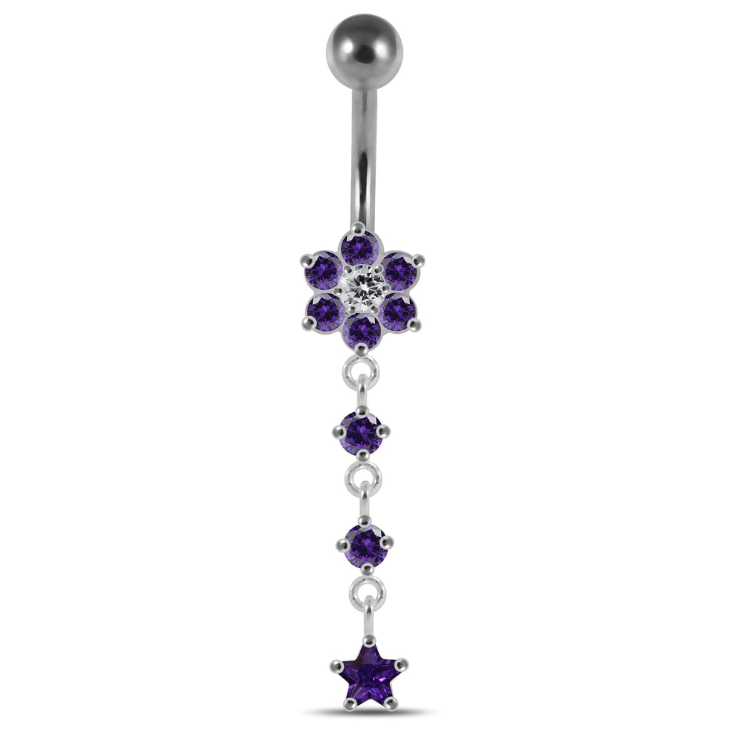 925 Sterling Silver Moving Jewelled Flower Design Banana Bar Navel Ring