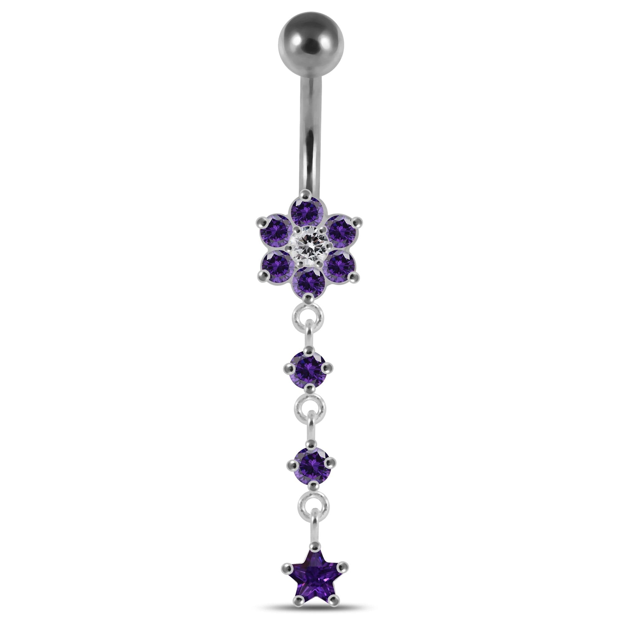 925 Sterling Silver Moving Jewelled Flower Design Banana Bar Navel Ring