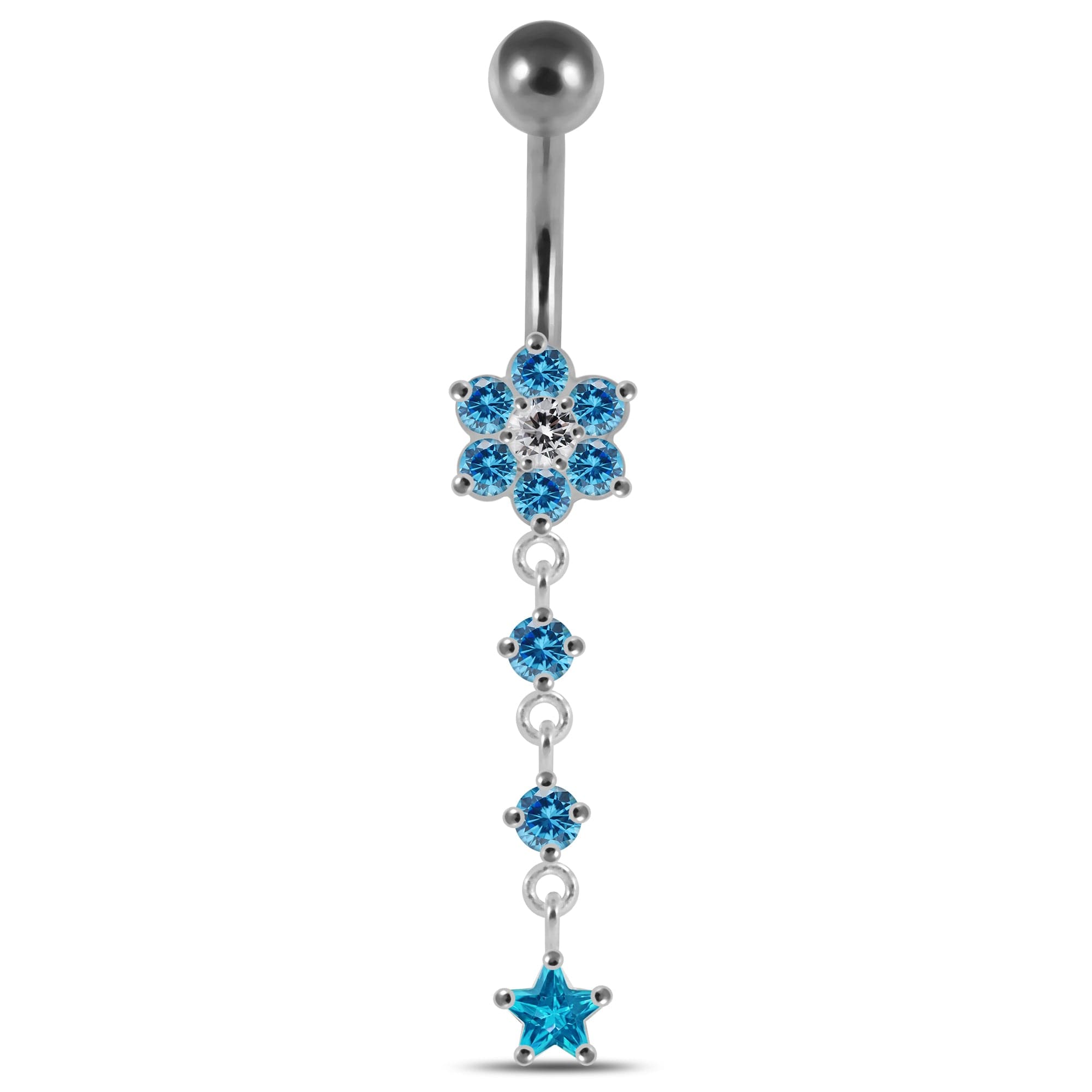 925 Sterling Silver Moving Jewelled Flower Design Banana Bar Navel Ring