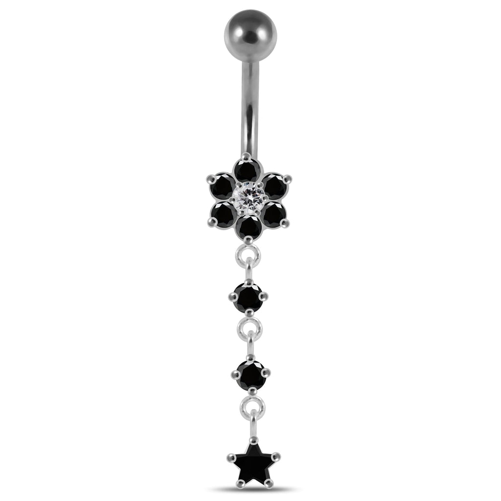 925 Sterling Silver Moving Jewelled Flower Design Banana Bar Navel Ring
