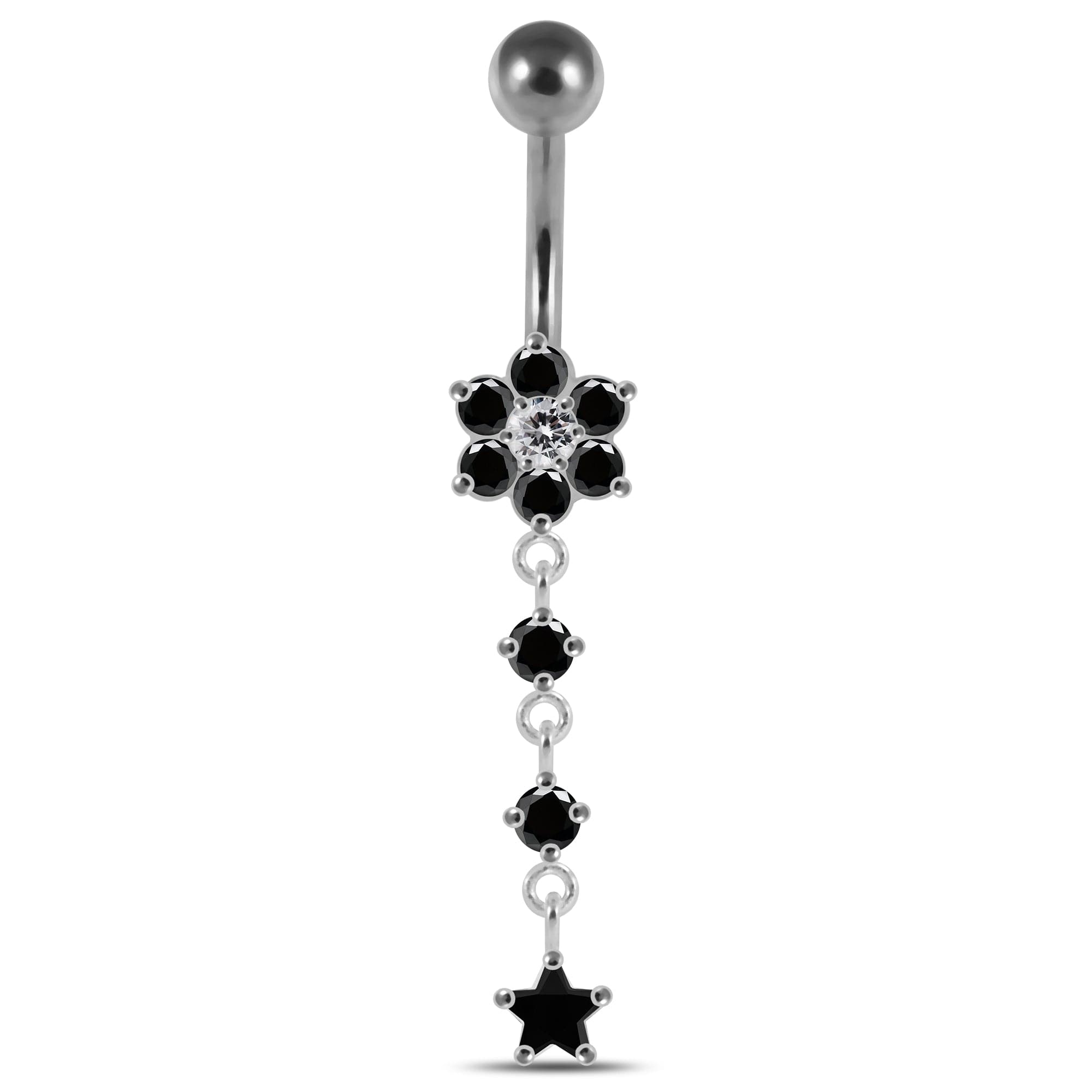 925 Sterling Silver Moving Jewelled Flower Design Banana Bar Navel Ring