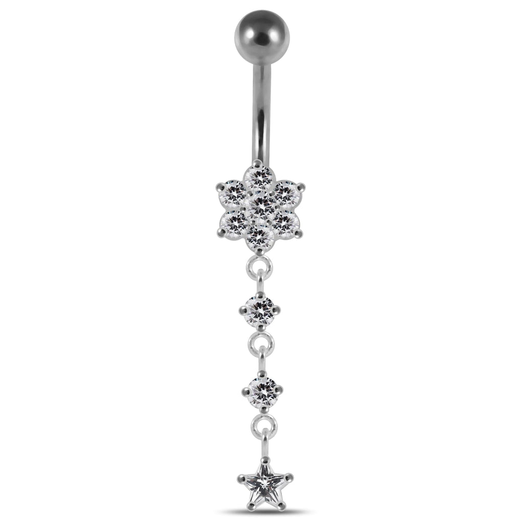 925 Sterling Silver Moving Jewelled Flower Design Banana Bar Navel Ring