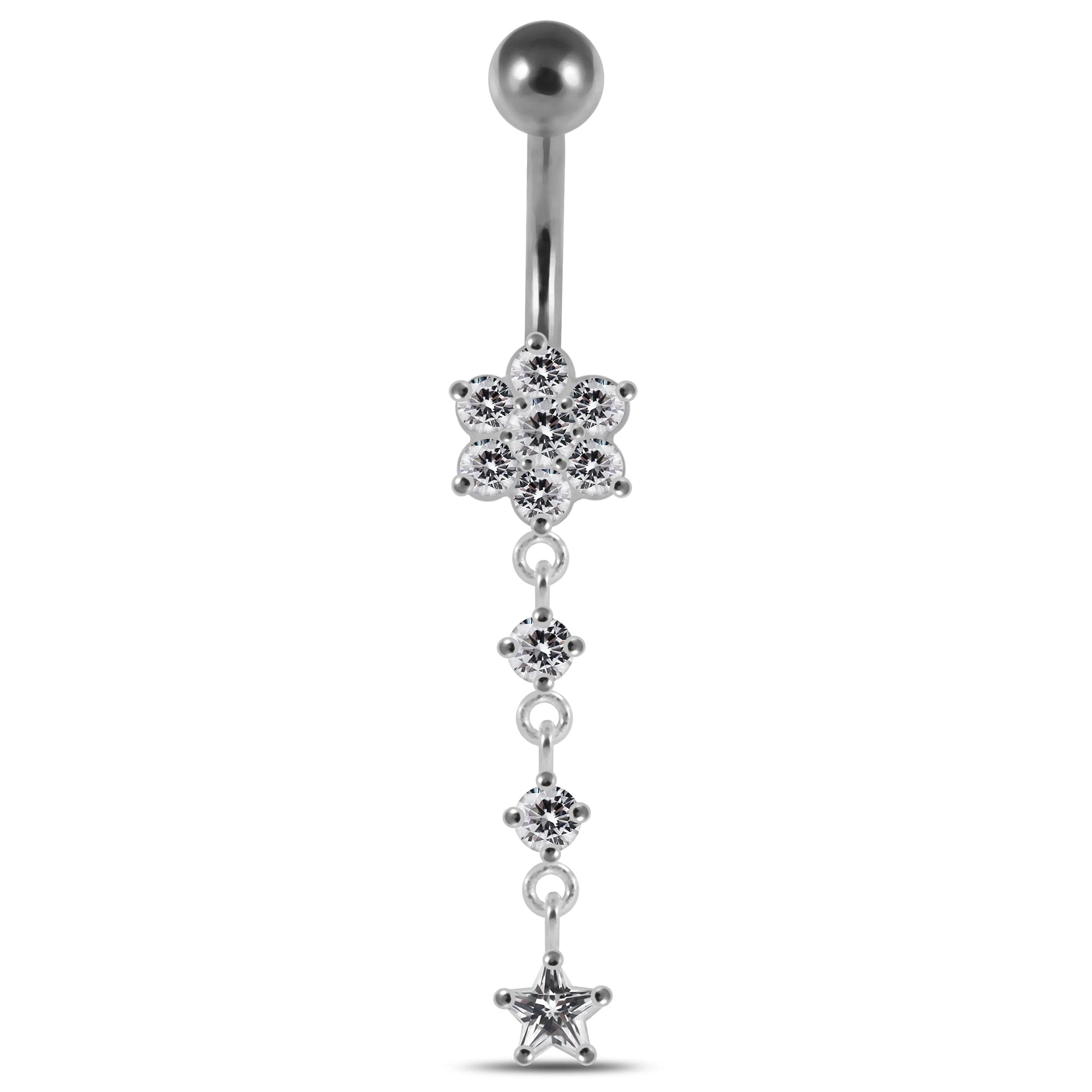 925 Sterling Silver Moving Jewelled Flower Design Banana Bar Navel Ring