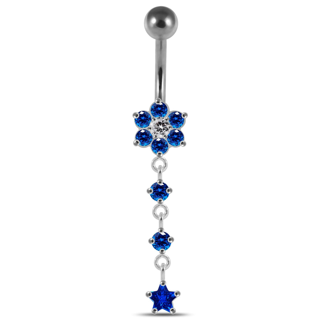 925 Sterling Silver Moving Jewelled Flower Design Banana Bar Navel Ring