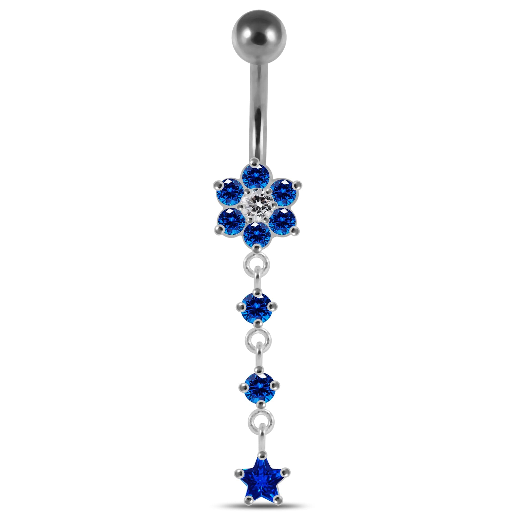 925 Sterling Silver Moving Jewelled Flower Design Banana Bar Navel Ring