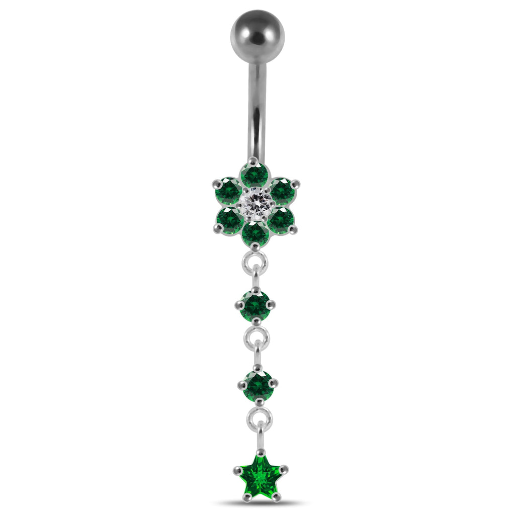 925 Sterling Silver Moving Jewelled Flower Design Banana Bar Navel Ring