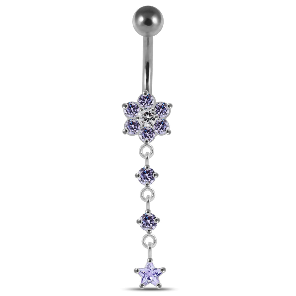 925 Sterling Silver Moving Jewelled Flower Design Banana Bar Navel Ring