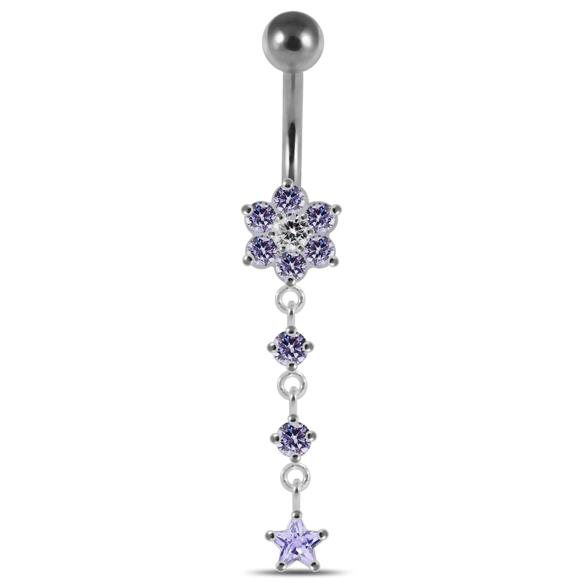 925 Sterling Silver Moving Jewelled Flower Design Banana Bar Navel Ring