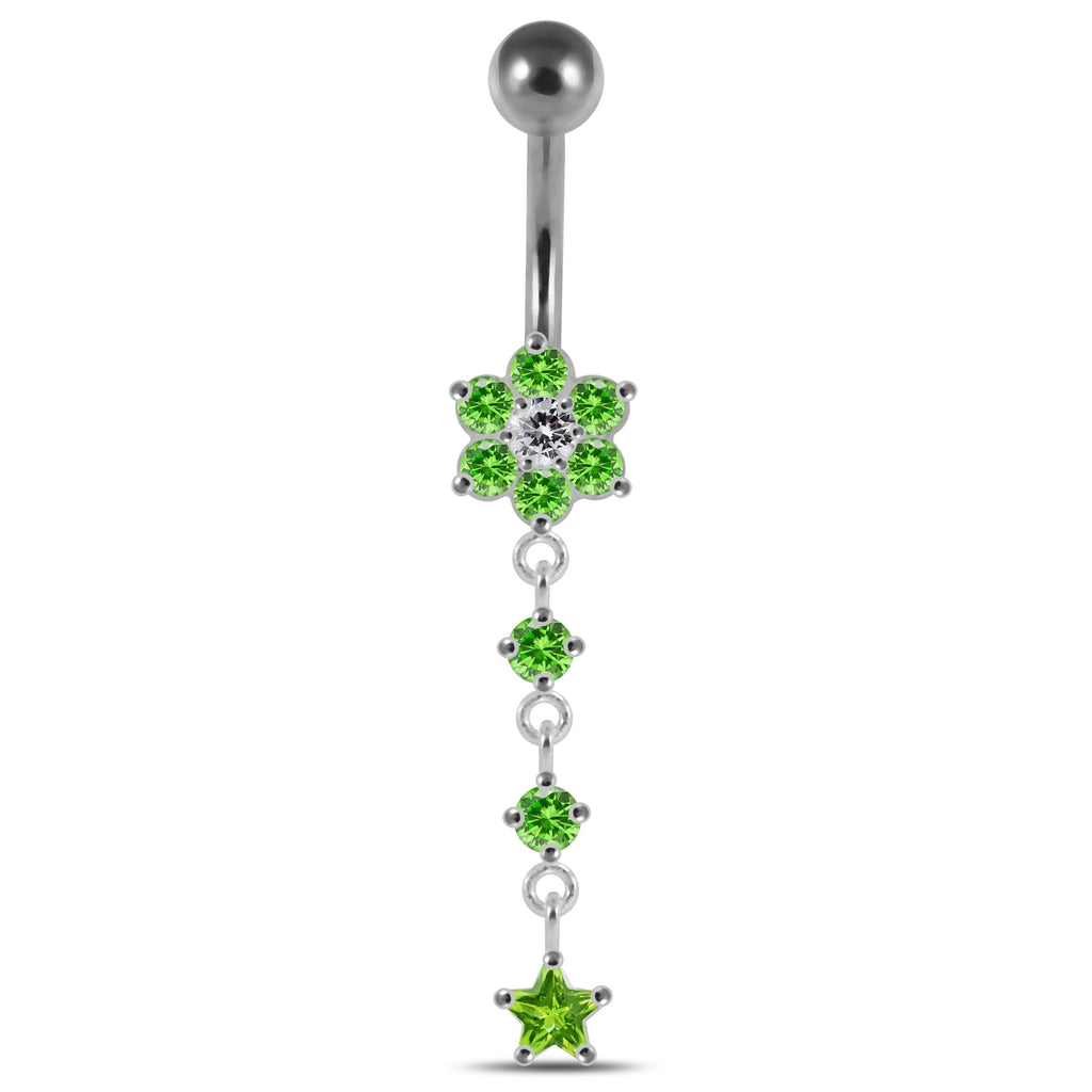 925 Sterling Silver Moving Jewelled Flower Design Banana Bar Navel Ring