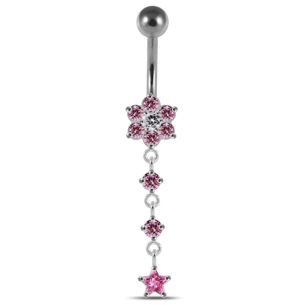925 Sterling Silver Moving Jewelled Flower Design Banana Bar Navel Ring