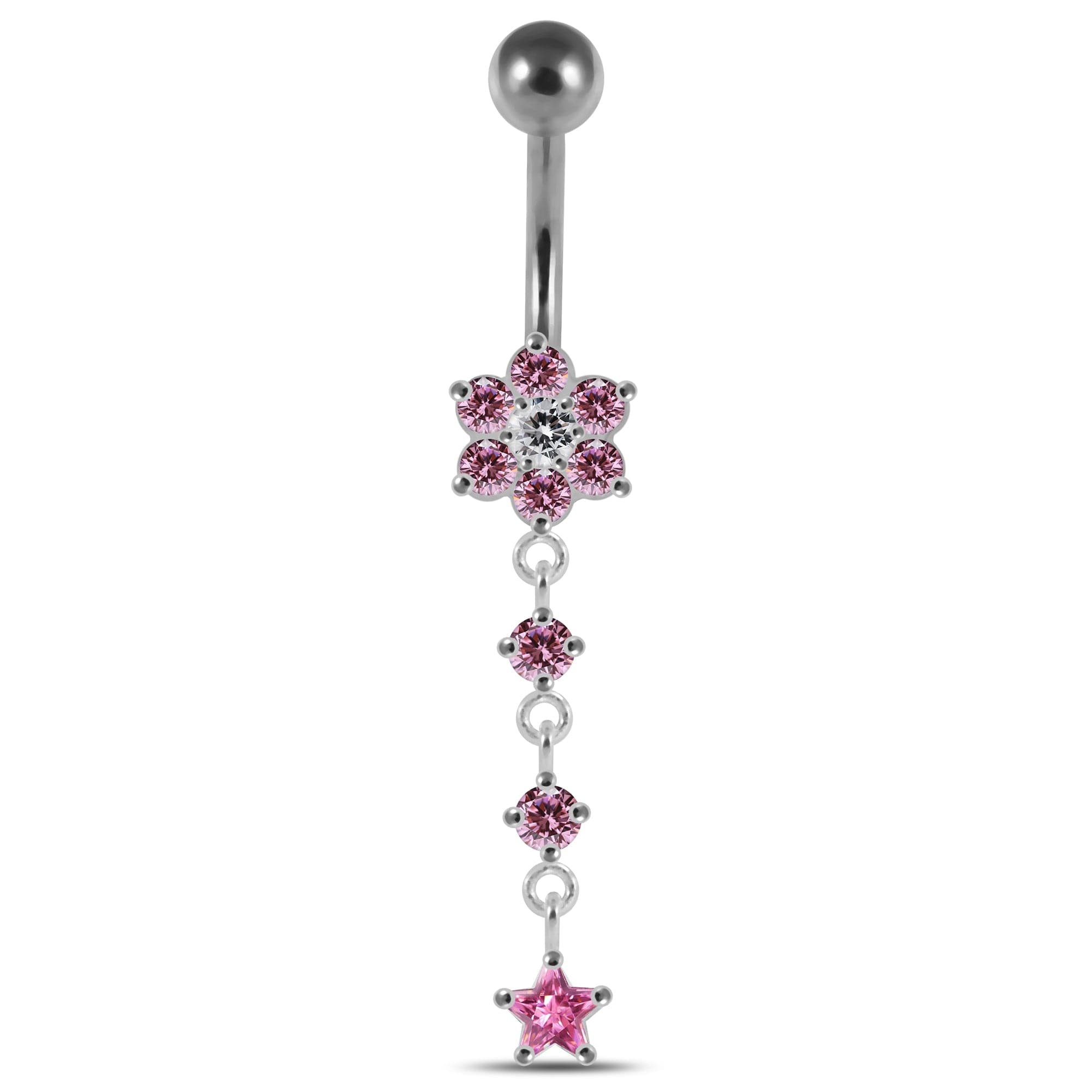 925 Sterling Silver Moving Jewelled Flower Design Banana Bar Navel Ring