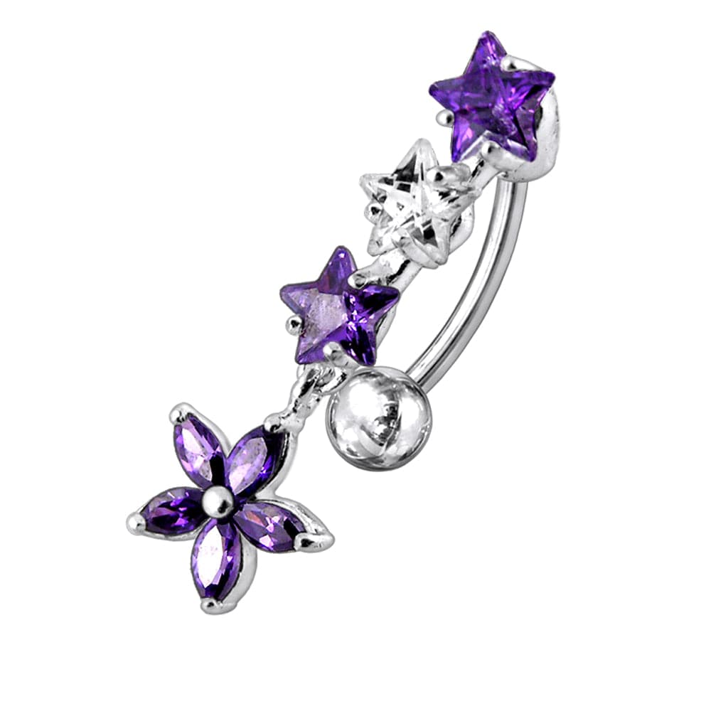 925 Sterling Silver Flower Dangling Jewelled Navel Banana
