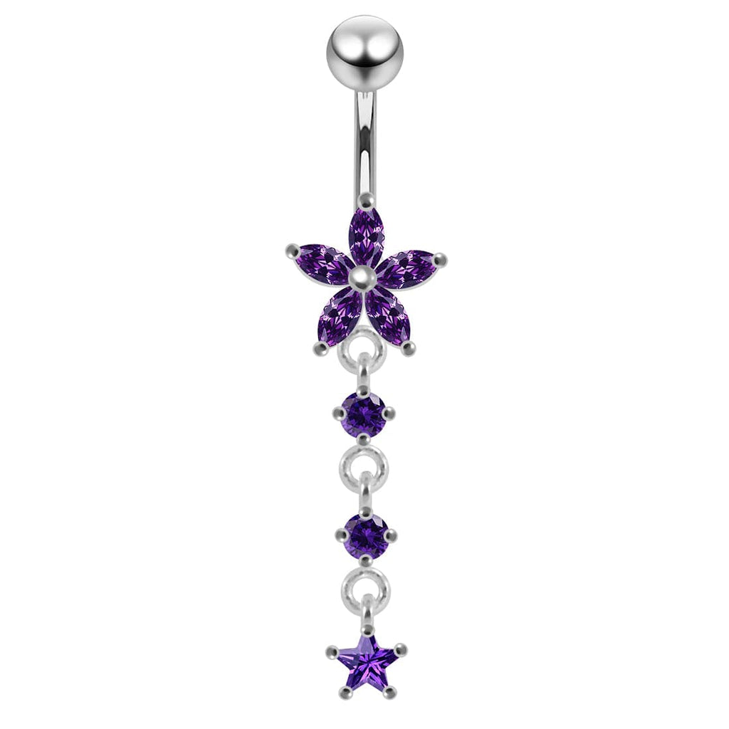 925 Sterling Silver Jewelled Moving Flower Design Belly Ring