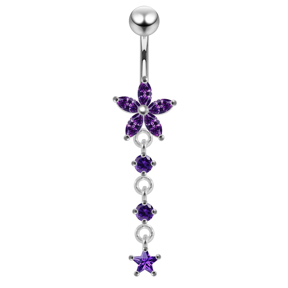 925 Sterling Silver Jewelled Moving Flower Design Belly Ring
