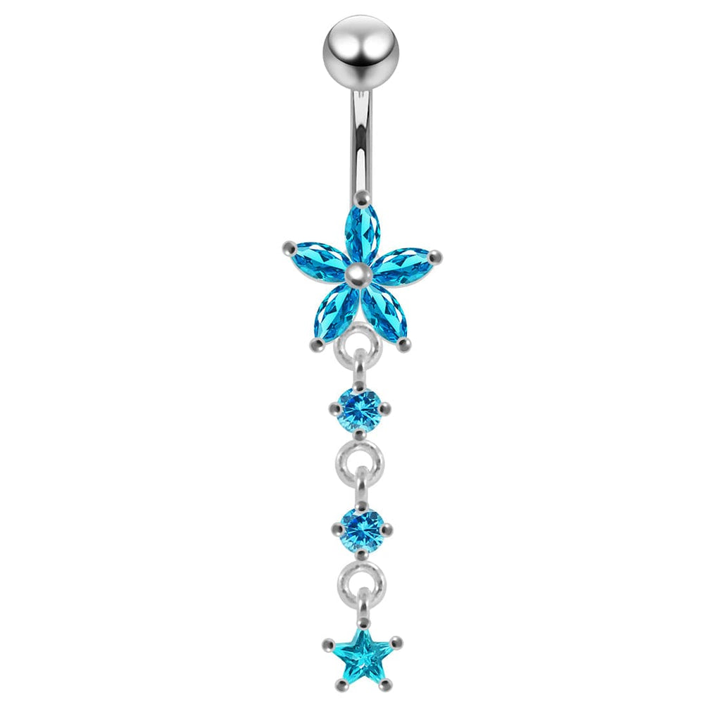 925 Sterling Silver Jewelled Moving Flower Design Belly Ring