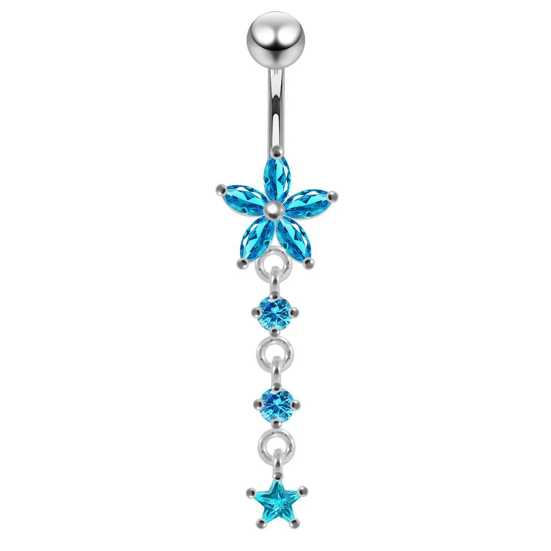 925 Sterling Silver Jewelled Moving Flower Design Belly Ring