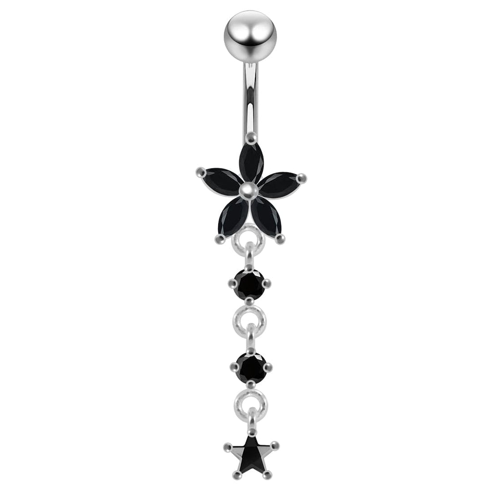 925 Sterling Silver Jewelled Moving Flower Design Belly Ring