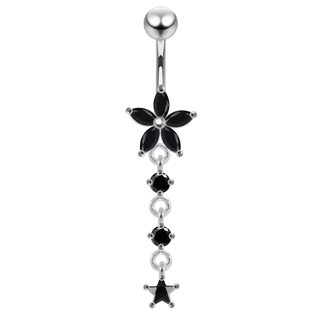 925 Sterling Silver Jewelled Moving Flower Design Belly Ring
