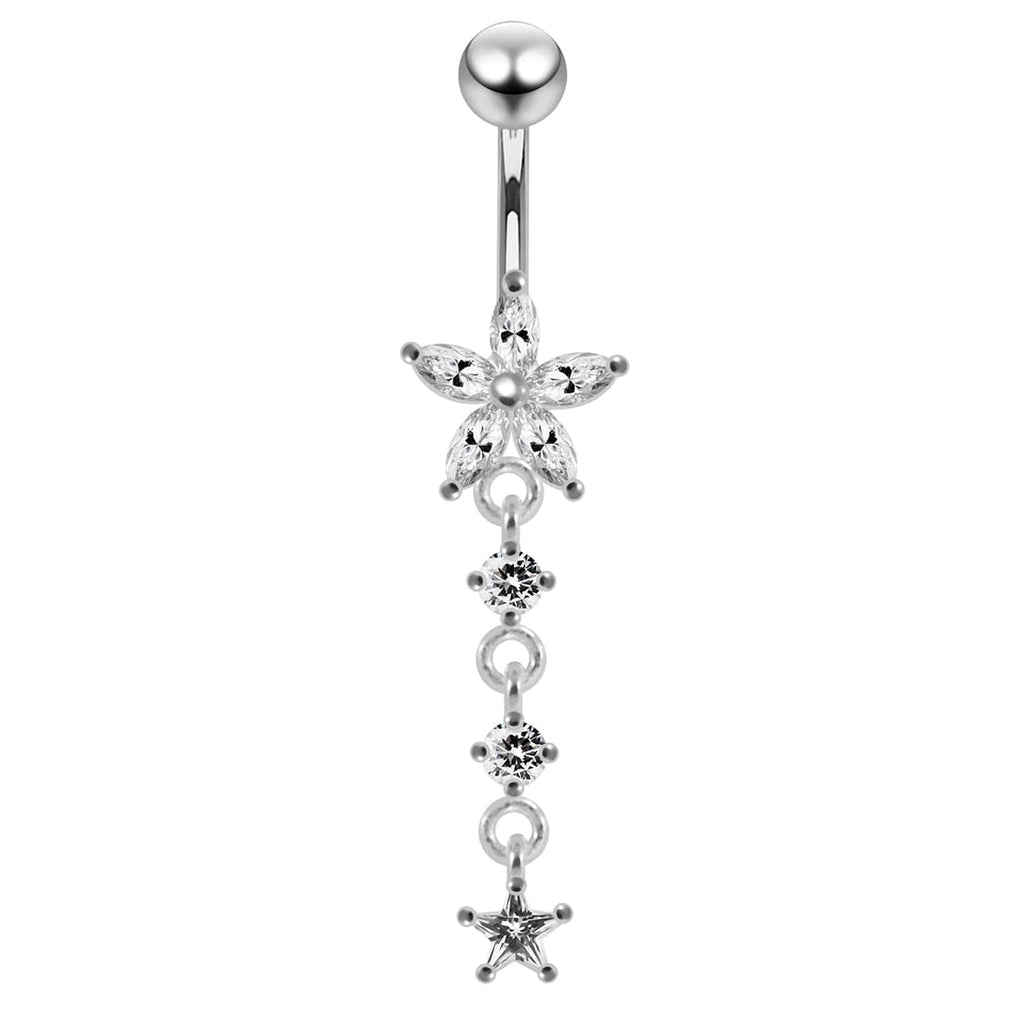 925 Sterling Silver Jewelled Moving Flower Design Belly Ring