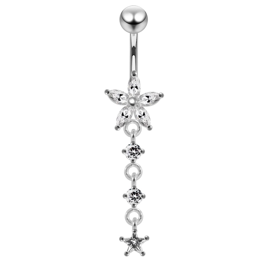 925 Sterling Silver Jewelled Moving Flower Design Belly Ring