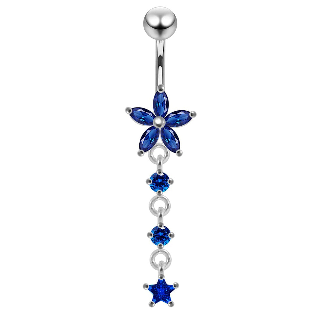 925 Sterling Silver Jewelled Moving Flower Design Belly Ring
