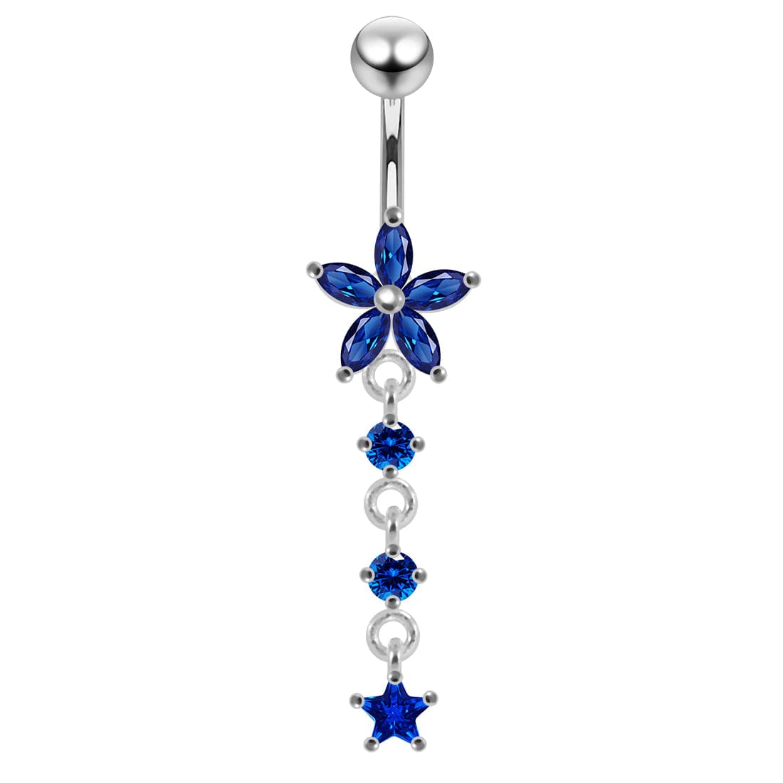 925 Sterling Silver Jewelled Moving Flower Design Belly Ring