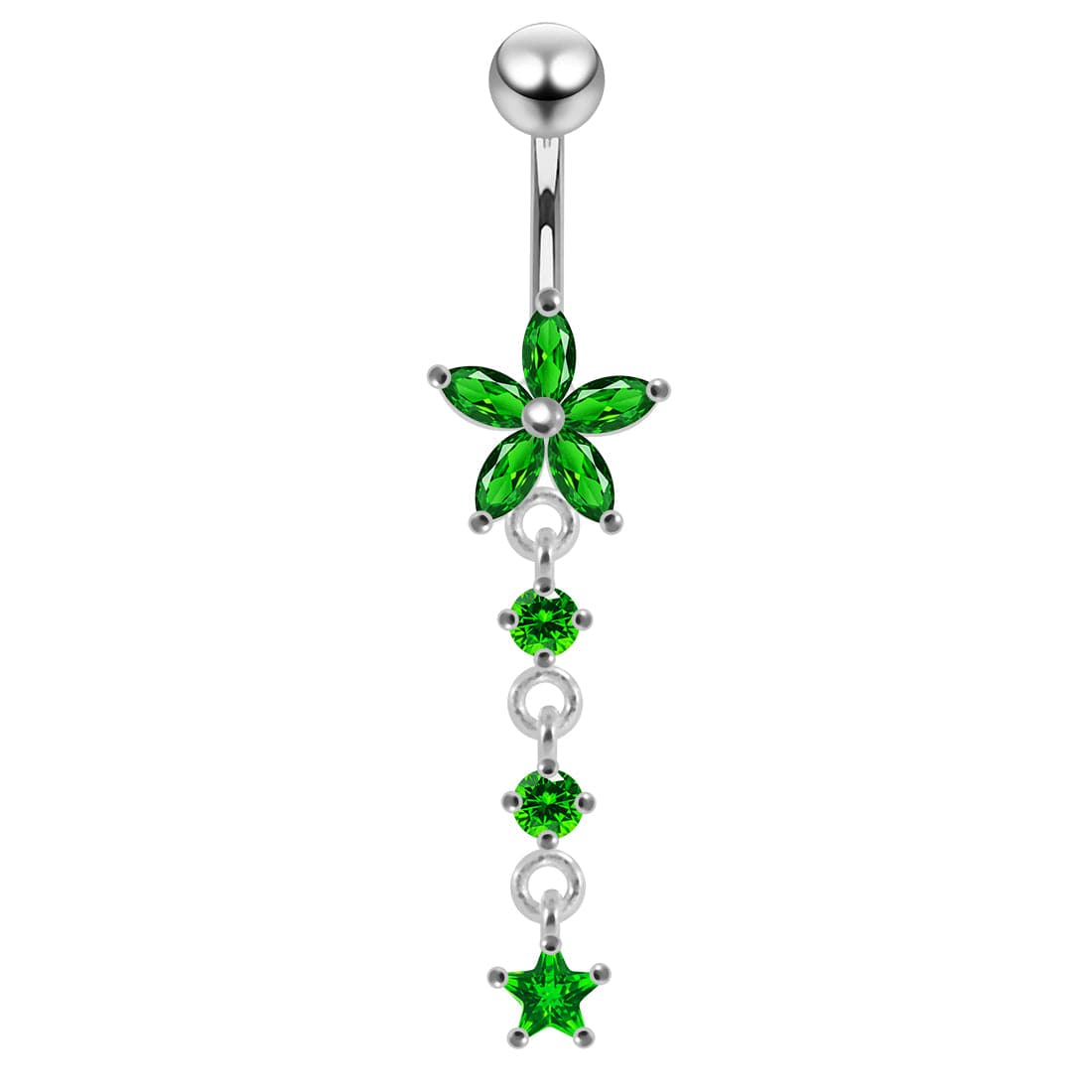 925 Sterling Silver Jewelled Moving Flower Design Belly Ring
