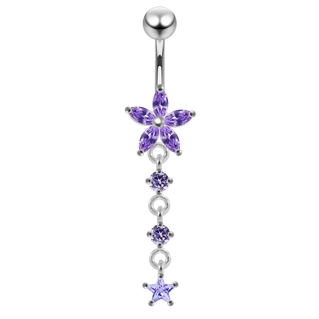 925 Sterling Silver Jewelled Moving Flower Design Belly Ring