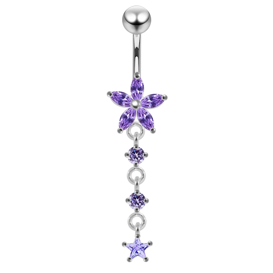 925 Sterling Silver Jewelled Moving Flower Design Belly Ring