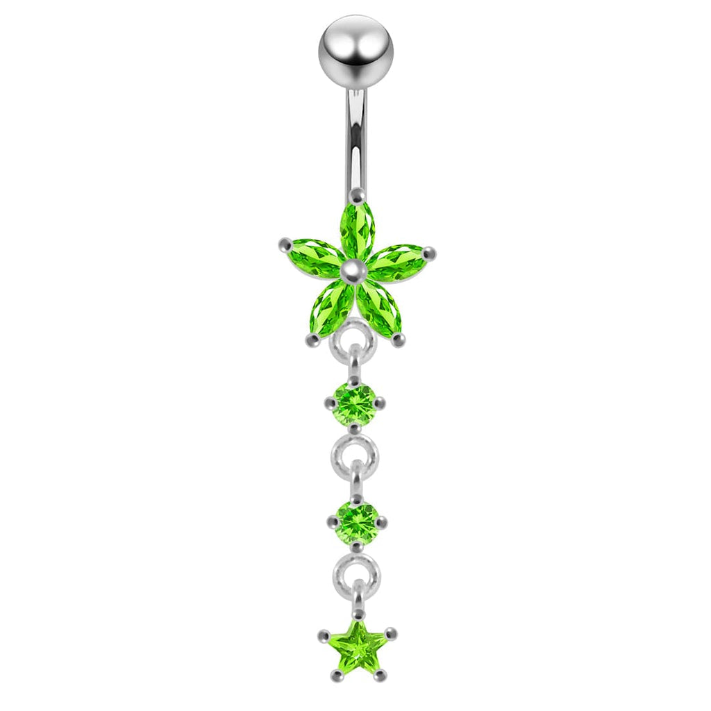 925 Sterling Silver Jewelled Moving Flower Design Belly Ring