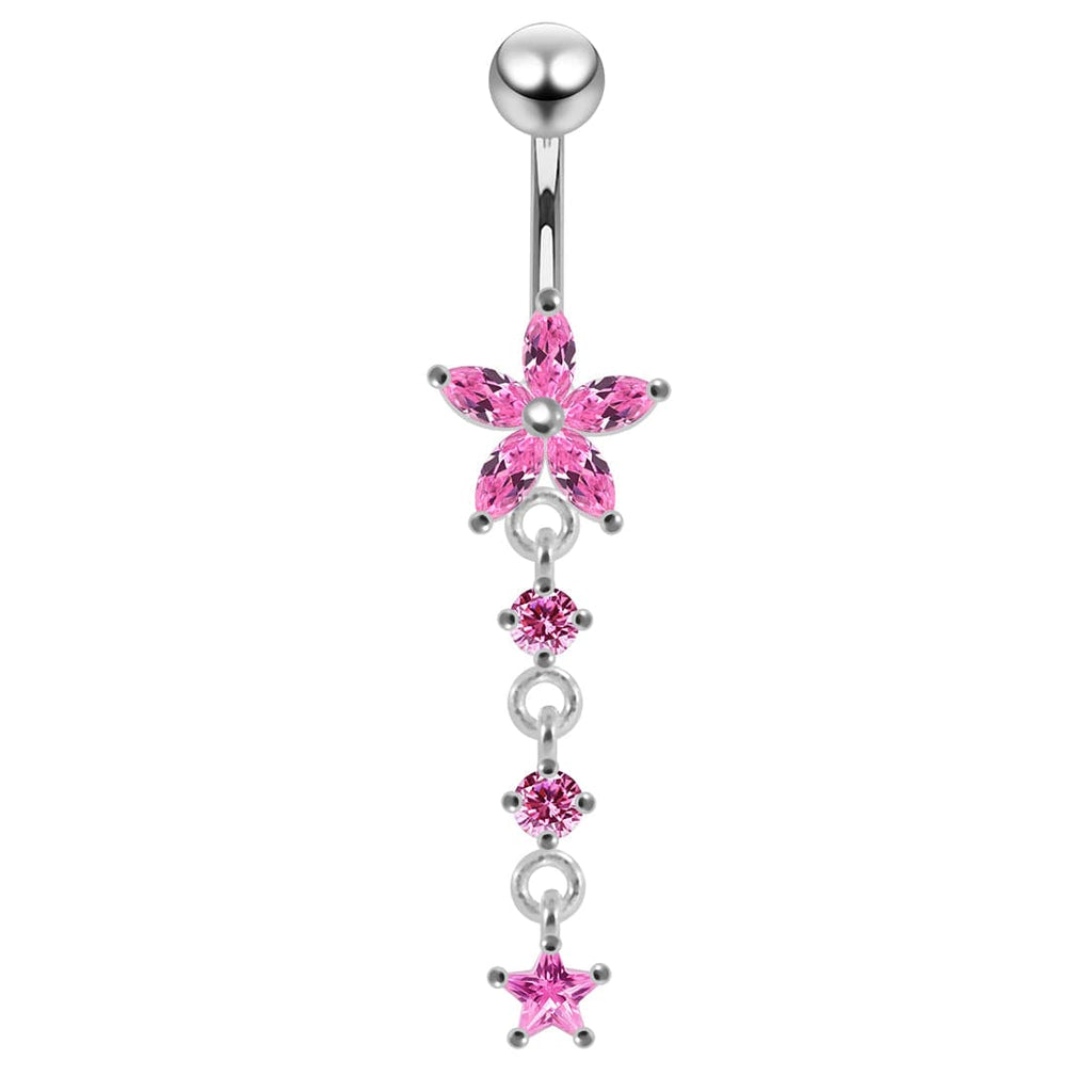 925 Sterling Silver Jewelled Moving Flower Design Belly Ring