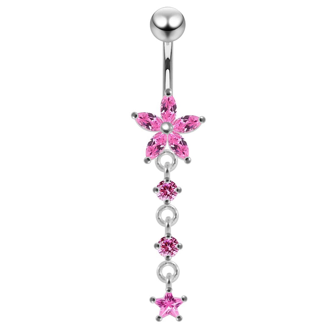 925 Sterling Silver Jewelled Moving Flower Design Belly Ring
