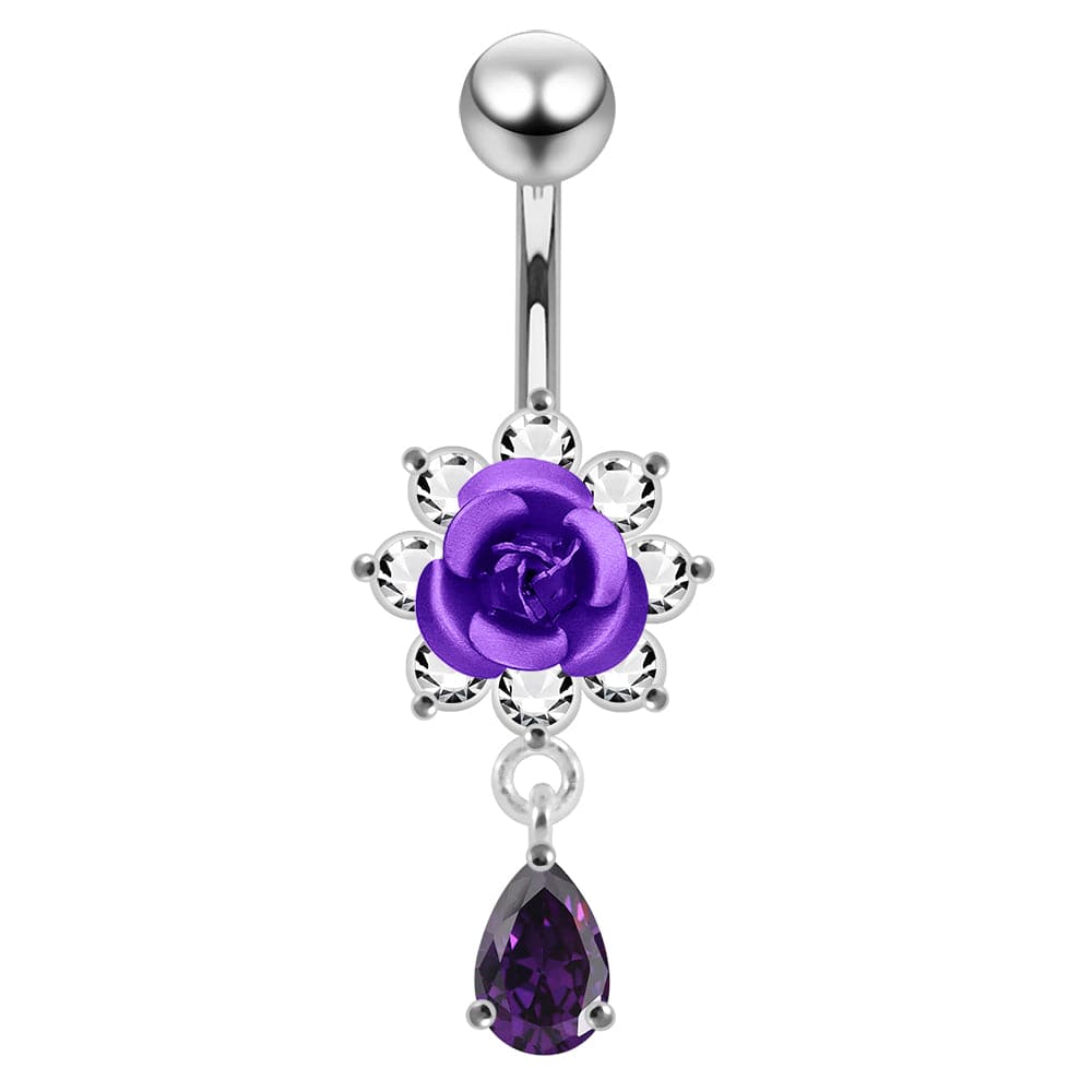 925 Sterling Silver Moving Flower Design Jewelled Belly Ring