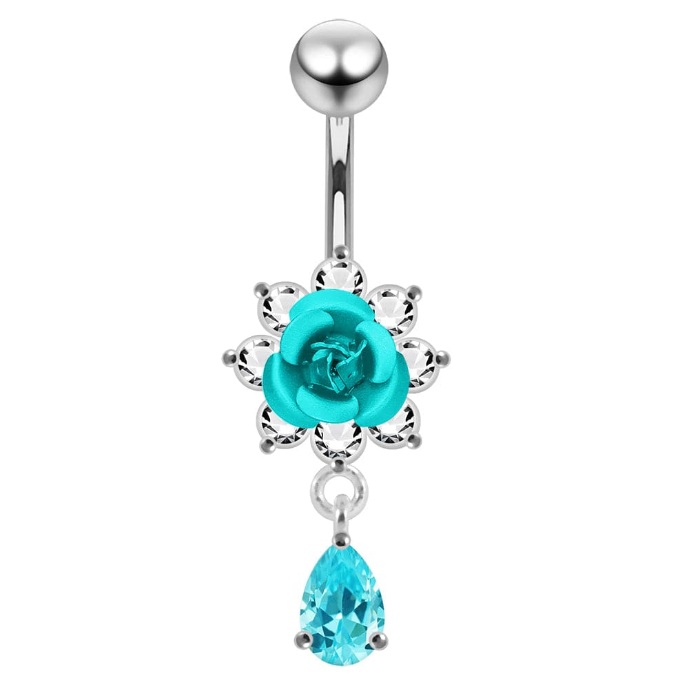 925 Sterling Silver Moving Flower Design Jewelled Belly Ring