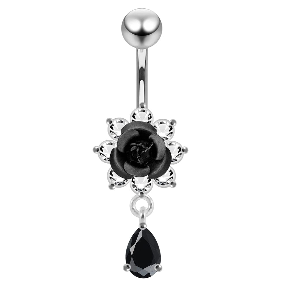 925 Sterling Silver Moving Flower Design Jewelled Belly Ring