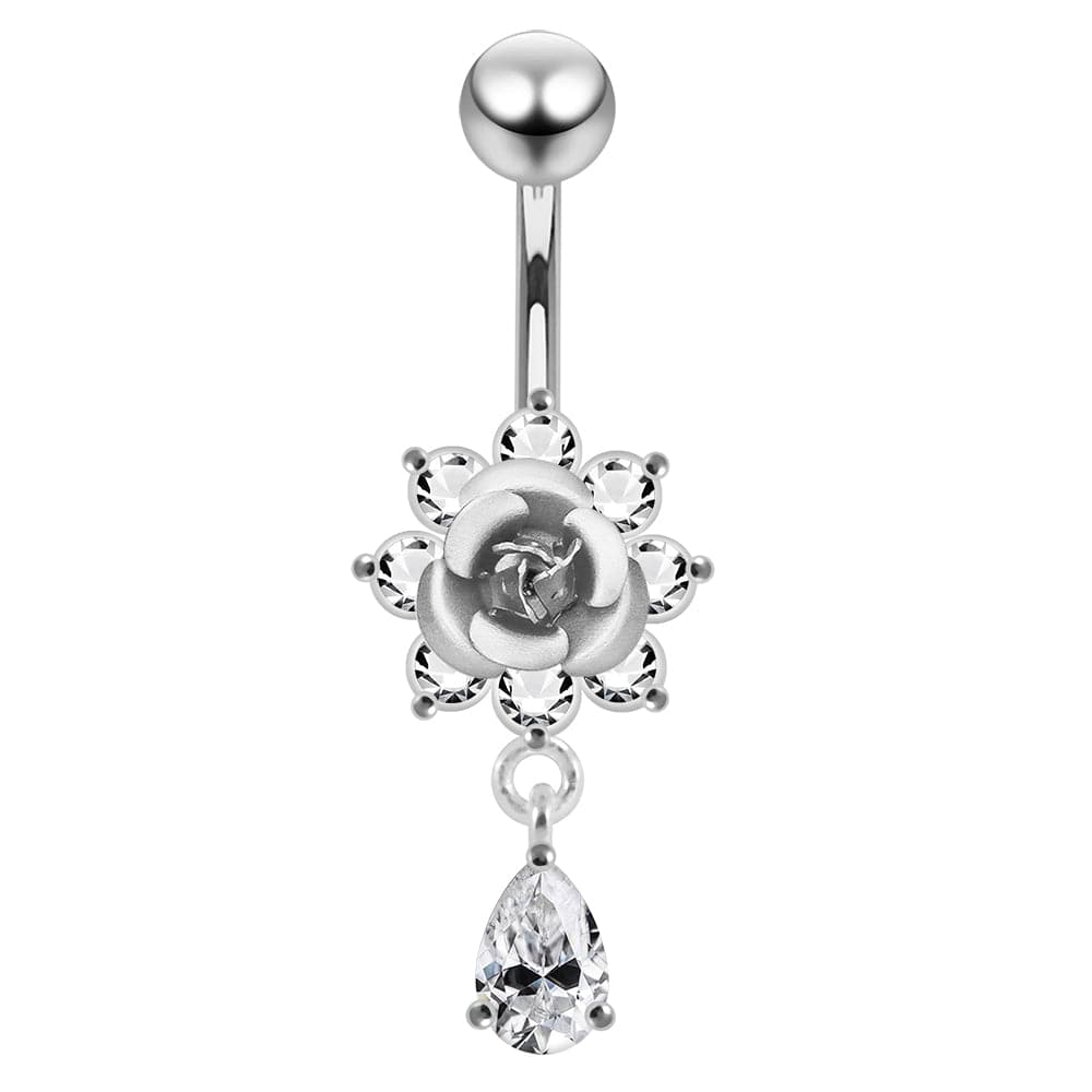 925 Sterling Silver Moving Flower Design Jewelled Belly Ring