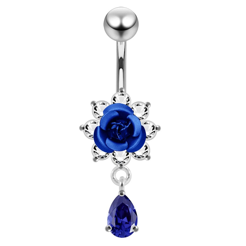 925 Sterling Silver Moving Flower Design Jewelled Belly Ring